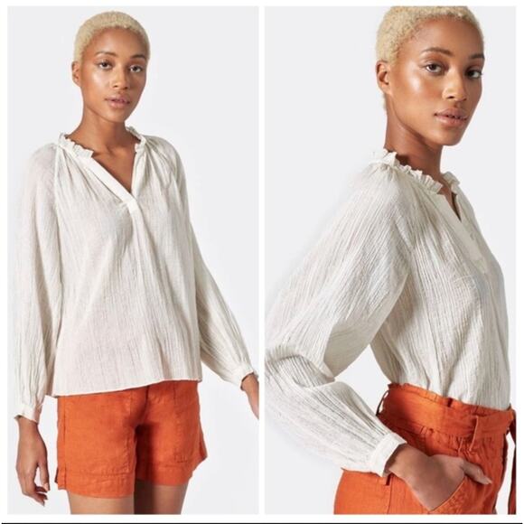 JOIE Elza White Metallic Gold Stripe Cotton Blouse V-Neck Ruffles Sheer Top S SM - Picture 1 of 9